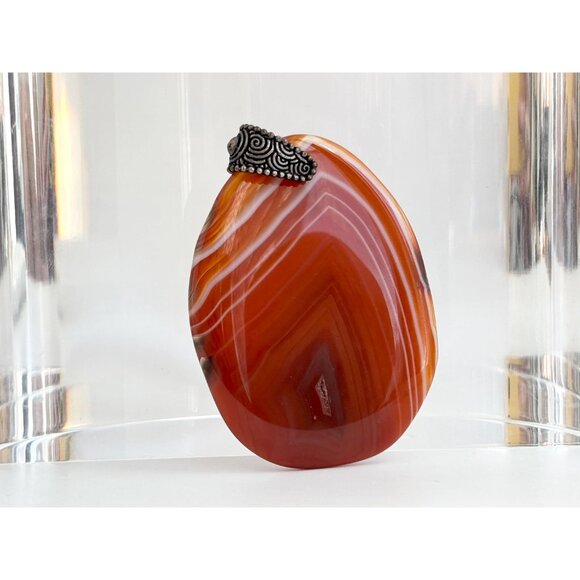 Carnelian Agate Smooth Stone Oval Shaped Large Silver Toned Vintage Pendant - Picture 11 of 12